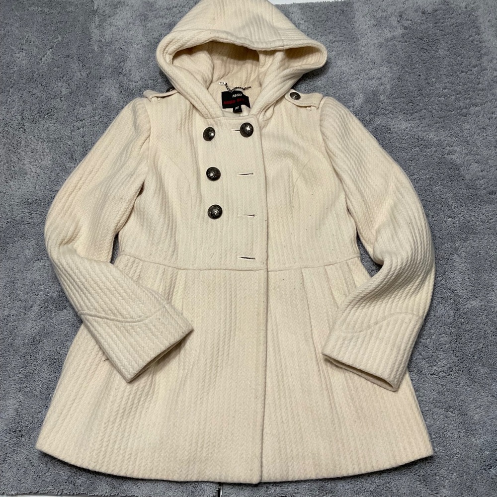 Miss Sixty M60 Cream Wool Blend Hooded Pea Coat Double Breasted Jacket Medium